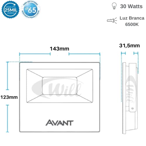 Refletor Holofote Slim LED, 30W, Preto, Luz branca 6500K, IP65, Prova d'água, Bivolt, Avant, Medida