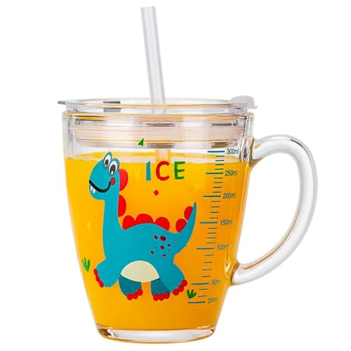 Xdyyjrasa Gobelet en verre trempé sans plomb avec paille et couvercle 380 ml – Gobelet à lait pour tout-petits, anti-fuite, poignée facile à prendre en main pour enfants et adultes (transparent)