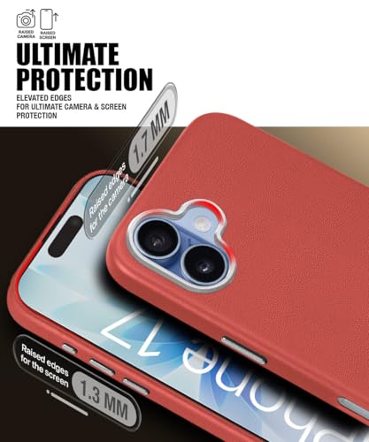 Image of WOW IMAGINE Back Cover for iPhone 17 | Shockproof Tough Leather Texture Hard Mobile Case | Ultra Slim Non-Slip Grip | Inner Velvet Fabric | Metal Camera Ring - Crimson Red