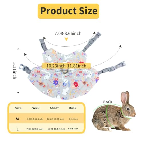 Image of 2 Sets Rabbit Harness and Leash, Cute Adjustable Bunny Clothes Harness Escape Proof Pet Supply (Grey, M)
