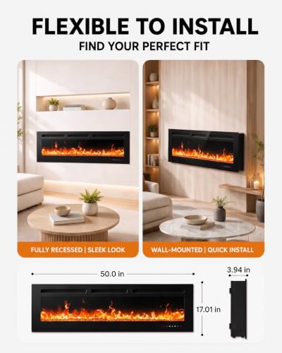 Image of Silonn 50-Inch Smart Electric Fireplace, Ultra-Slim Wall-Mounted or Recessed Fireplace Heater with 1400W Heat, WiFi App & Remote Control, Timer and 20 Customizable Flame Colors