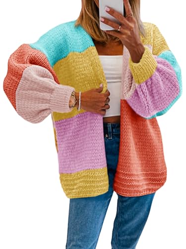 Saodimallsu Womens Color Block Oversized Cardigans Long Lantern Sleeve Open Front Chunky Knit Fall Sweater Coats