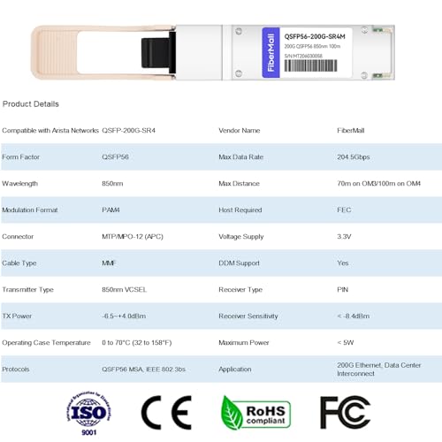 Image of 200G QSFP56 SR4 PAM4 Optical Transceiver Module,Compatible with Arista Networks QSFP-200G-SR4,200GBASE-SR4 850nm 100m MPO-12 APC OM3 /OM4 FEC