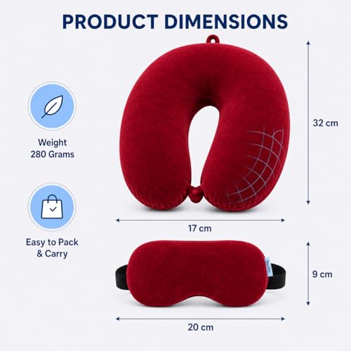 Image of Restify Premium Memory Foam Travel Neck Pillow with Eye Mask | Soft Velvet U Shape Neck Support Cushion for Flight, Airplane, Car & Office Travel | Portable Pillow for Men & Women | Maroon