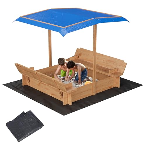 SunnyFurn Kids 47x47 Wooden Sandbox with Adjustable Canopy & Lid, Outdoor Solid Fir Wood Sand Pit with 2 Foldable Bench Seats, Rotatable Shade & Bottom Liner for Backyard, Patio, Ages 3-8