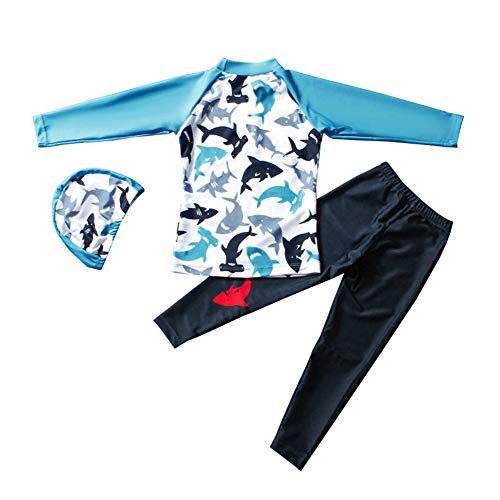 Kids Boys Two Piece Rash Guard Swimsuit Bathing Suit Long Sleeve Sunsuit Swimwear Set with Cap 2-10 Years2
