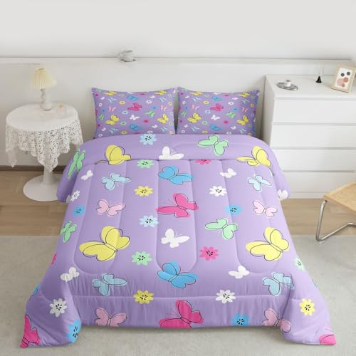 Image of Erosebridal Kids Cute Butterflies Comforter for Kids Boys Girls,Colorful Cartoon Floral Toddler Bedding Set,Kawaii Garden Wildlife Duvet Insert,Cottagecore Quilt Bedroom Decor