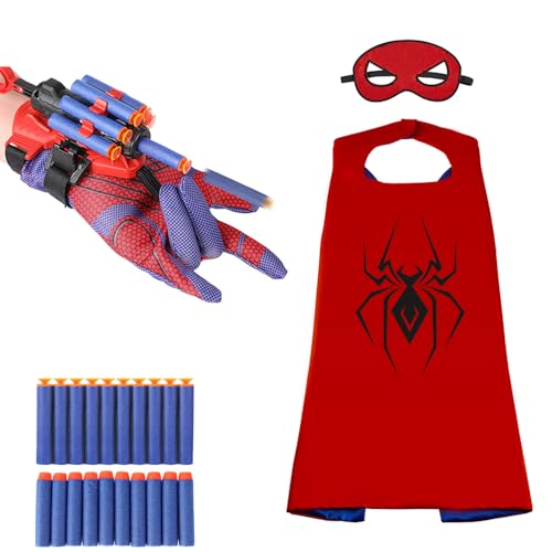 Spider Web Shooter + Cape + Felt Mask Toys for Boys, Superheroe Bracelet Wrist Launcher, Children Boy Party Toy, Spider Gloves Man Toy, Cosplay Costumes Birthday Gift for Kids 4 5 6 7 8 9 10 Years Old