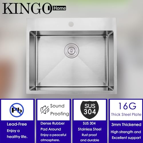 KINGO HOME 22x18 Inch Drop in Kitchen Sink,16 Gauge Topmount RV Small Kitchen Bar Sinks,Stainless Steel Outdoor Prep Single Bowl Workstation Wet Bar Sink with Stainless Steel Strainer by KINGO HOME - Used condition - Image 5