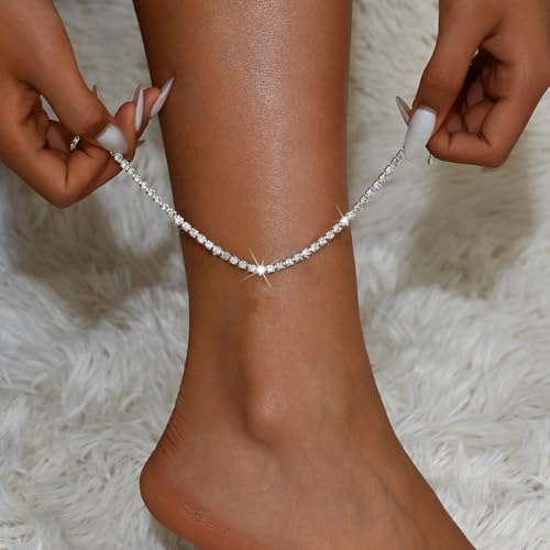 Image of Silver Anklets for Women Shiny Tennis Anklet Silver Adjustable Rhinestone Ankle Bracelets Waterproof Beach Anklets Bracelet for Women Foot Jewelry for Summer