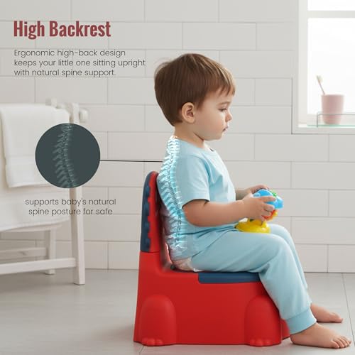 Image of Baybee 2 IN 1 Dino Baby Potty Training Seat for Kids 6+ Months | Western Toilet Seat with Anti Slip Base, Detachable Bowl & Highback Support | Baby Toilet Chair | Portable Potty Seat for Kids (Red)