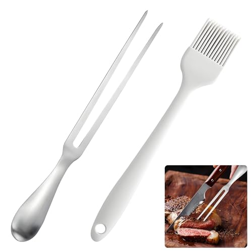 304 Stainless Steel Meat Fork 28cm Carving Fork Meat Serving Forks with Ergonomic Handle with Silicone Basting Brush for Roasting Turkey & Dinner Parties