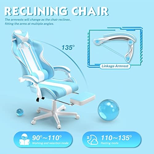 6. Bild von Ferghana Gaming Stuhl Massage Ergonomischer Gaming Sessel mit Fußstütze PC Stuhl Gaming Chair mit Kopfstütze und Lendenkissen Racing Computerstuhl mit Hasenohren Hellblau