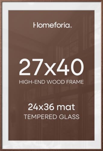 Image of Homeforia 27x40 Poster Frame Brown, High End Dark Oak 27x40 Large Wooden Frame with Mat 24x36, 27 x 40 Walnut Wood Picture Frame Matted to 24 x 36, 40x27 Thin Frame, Tempered Glass, Wall Kit, Set of 2