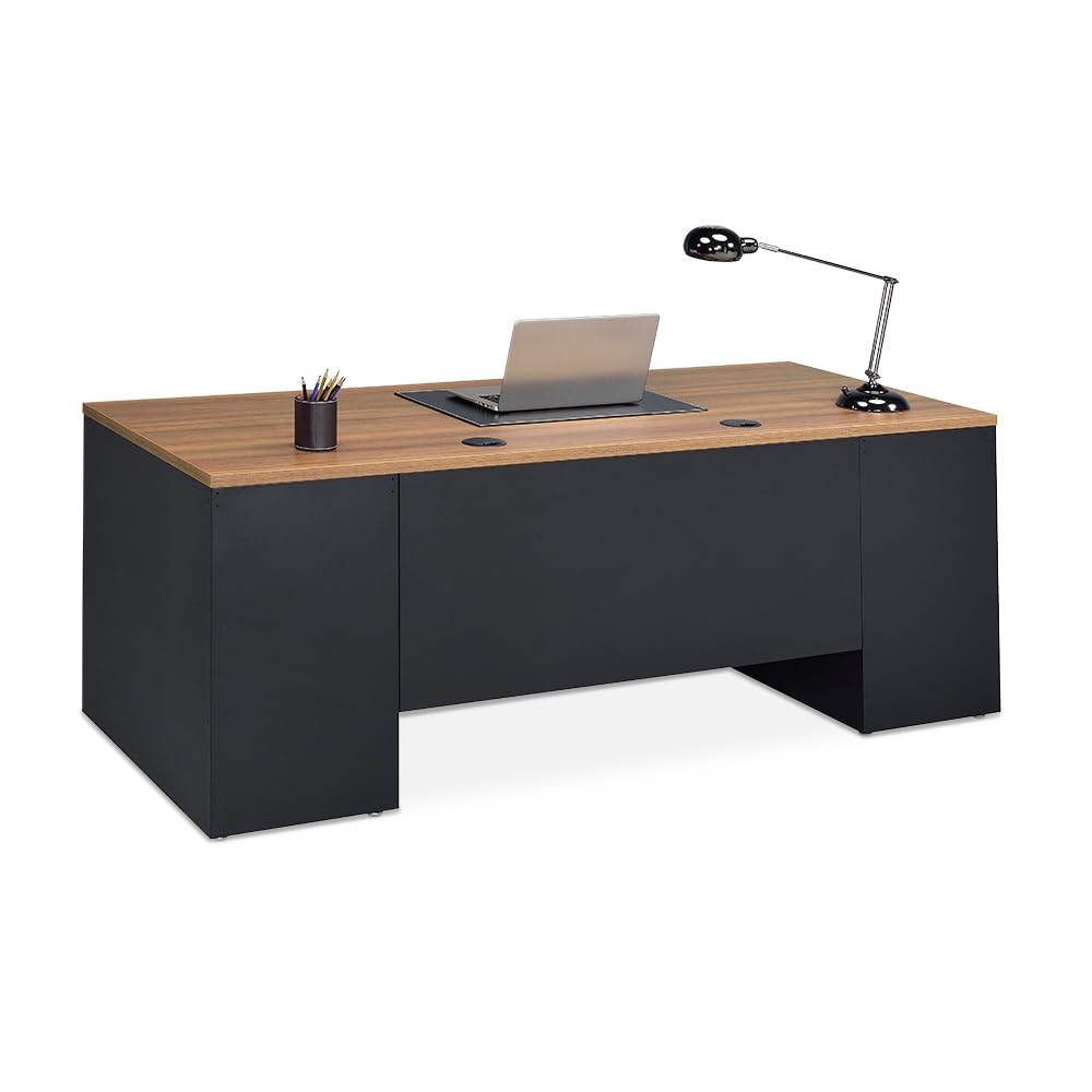NBF Carbon Steel Executive Office Desk - Durable Laminate Planed Teak Computer Desk - Modern Desk with Storage and File Cabinet - At Work Home Office