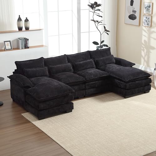 HAINEW Moderno sofá esquinero en forma de U con respaldo y reposabrazos, sofá de 4 plazas, sofá de salón, sofá tapizado, sofá grande, tapizado para salón (negro)