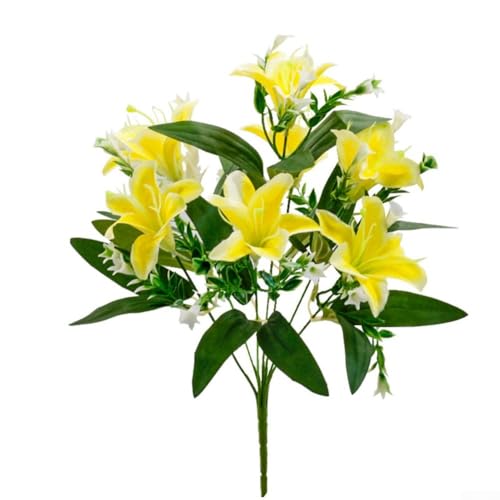 Realistischer künstlicher Lilienstrauß mit Seidenblumen für Hochzeit und Heimdekoration, 40 x 20 x 10 cm, pflegeleichtes Kunstlilien-Blumenarrangement (gelb)