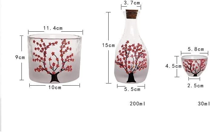 Color Painted Glass Sake Set 4 Pieces,Handcraft Pink Cherry Blossoms Design, 1 Sake Bottle, 1 Sake Tank and 2 Sake Cups, Cold/Warm/Hot Sake Carafe