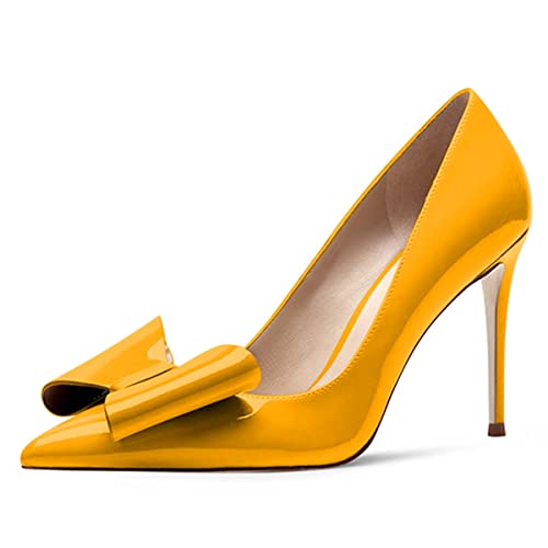 YDN Women Elegant Stiletto High Heel Pumps Pointed Toe Slip on Dress Sandal Shoes Slide Patent Leather with Bow Shoes for Office Ladies Size 4-15 US