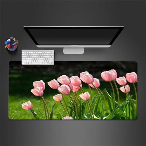 Tapis de Souris,1000x500x2mm XXL Tapis de Souris Gaming Fleurs de Tulipes Roses,Base en Caoutchouc Antidérapant Tapis Gamer avec à Bords Cousus pour Les Jeux Travail Bureau Domicile Tapis de Souris