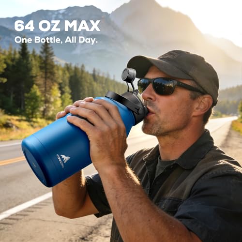 Image of POWCAN 64 oz Insulated Water Bottle with 2-in-1 Straw Spout Lid, Leakproof, Carrier Bag, Shoulder Strap, Keep Cold 48H, Half Gallon Stainless Steel Water Jug for Men, Sports, Camping, Fitness (Indigo)