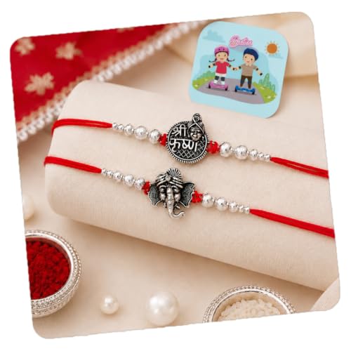 Image of Silver rakhi Magnet Gift for Brother Set of 1 - Krishna Ganesha Rakhis for Brother Bhai Bhaiya - Dessigner Rakhi Set of 2 with Fridge Magnet Men Boys Kids Rakshabandhan Designer Thread Bracelet Rakhis