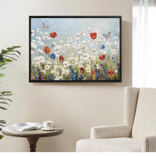 Image of Wildflower Field Framed Canvas Wall Art, 4th of July Red White Blue and Butterfly Canvas Prints, Rustic Landscape Patriotic Decorations, Independence Day Wall Decor for Bedroom Living Room 24x32