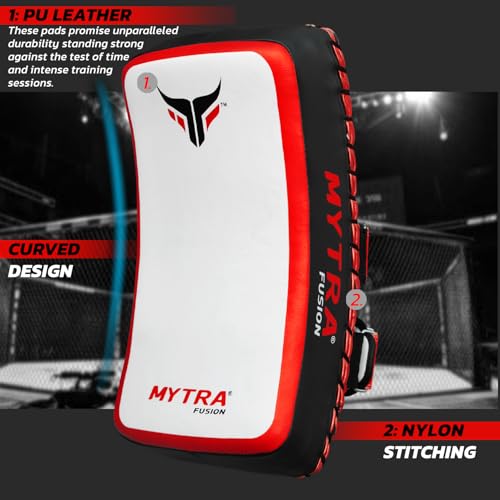 Mytra Fusion Thai pad Kick Shield MMA Kickboxing Muay Thai Training pad arm pad Strike Shield (White Red, Pair)