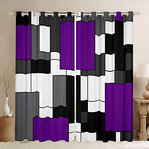 Purple Geometric Window Curtains Black White Grey Square Window Drapes For Kids Boys Girls Room Decor, Modern Abstract Window Treatments Grommet Top 2 Panel Set Bedroom Curtains, 38Wx45L Inch #TOP6