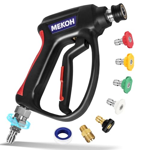 MEKOH Short Pressure Washer Gun with Swivel, 5000 PSI High Power Washer Spray Gun, 10 GPM Foam Gun with 3/8" Quick Connect, M22-14mm for Extension Wand, Hose, Pressure Washer Handle with 5 Nozzle Tips by MEKOH - Used condition - CA$28.07