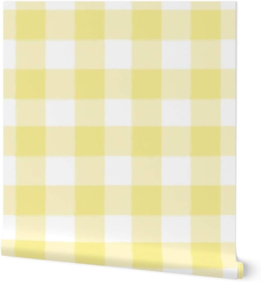 Peel & Stick Wallpaper 3ft x 2ft - Large Yellow Buffalo Check Gingham Picnic Sugar Fresh Plaid Custom Removable Wallpaper by Spoonflower