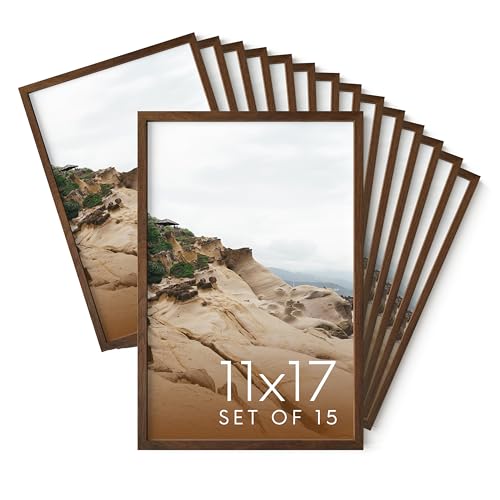 Haus and Hues 11x17 Walnut Oak Wood Picture Frames Set of 15 - Premium Bulk Picture Frames 11x17 Bundle - Elegant Gallery Wall Frame Set for Posters, Art Display - Ideal for Wall Decor in Home &