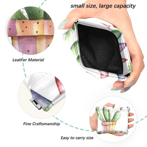 Watercolor Cactus Pattern Squeeze Coin Purse, Leather Coin Purse, Mini Wallet, Compact and Portable, Unisex2