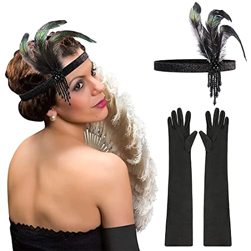 SHANHUHAI Bandeau Flapper Vintage Bandeau des Années 1920 Gants de Coude Noirs Bandeau en Plumes Serre-Tête Perlé Noir Serre-Tête Flapper Gants Longs Noirs de Soirée Accessoires des Années 1920 Cover