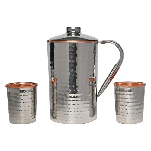 Stainless Steel and Pure Copper Water Pitcher with 2 Matching Tumblers for Ayurveda Health Benefits (57.48 fl. Oz.) (Hammered Pattern)