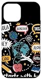 Illustration ludique avec globe, avion, trajet en pointillés, bulles de parole multilingues, pomme, crayon, étoile et gribouillis. Le slogan It Starts With Hello apporte un accueil chaleureux. Idéal pour enseignants, apprenants en langues ou personnel