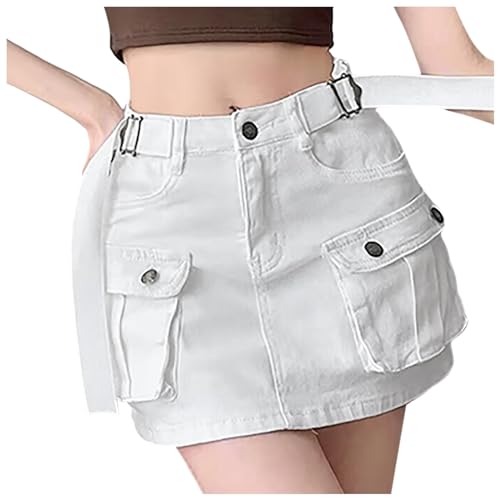 Vhersily Año Nuevo 2025 Falda Cargo Mujer Jeans Falda Midi Mujer Falda de Verano para Mujer Falda de Jeans con Botones Y2k Falda Corta de Denim con Bolsillo Cintura Bajo, blanco, L