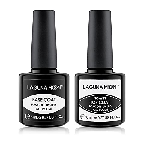 Lagunamoon Gel Nail Polish Base Coat and No Wipe Top Coat Gel Polish Set Soak Off UV LED Nail Varnish Lacquer Manicure Set 2×8ml Cover