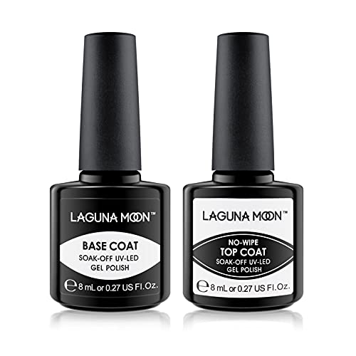 Lagunamoon Gel Nail Polish Base Coat and No Wipe Top Coat Gel Polish Set Soak Off UV LED Nail Varnish Lacquer Manicure Set 2×8ml