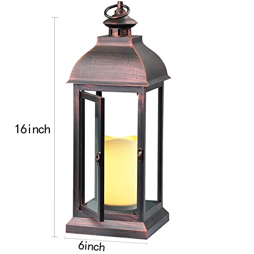 Image of Decorative Lantern with flameless LED Candle Light, Outdoor /Indoor LED Lantern, The Door-Open H16 Decorative Lantern,Timer Candle，Plastic with Bronze Undertones.USE 2C Battery(not Include)