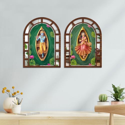 Image of Artvibes Cultural Radha & Krishna Wall Hanging Decor | Decorative Jharokha Mirror for Living Room, Bedroom, Hall, Prayer Room, Dining Room, Foyer & Entryway | Gift (WHJ 12049N), Set of 2