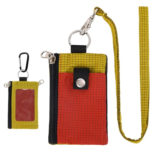 Image of MASAPHlL Small Lanyard Wallet for Women /Men with RFID Blocking ID Card Wallet, Minimalist Nylon Zipper Pouch, Travel Neck Wallet with Keychain, ID Window for Card,Coin,Cash (Deep red+Golden Yellow)