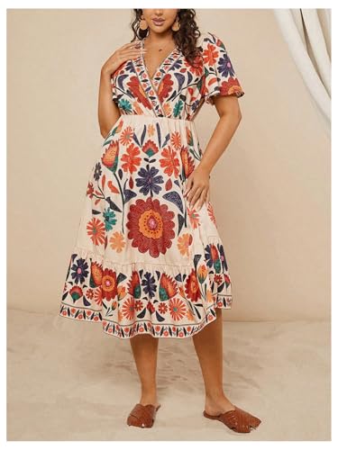 Image of Floerns Women's Plus Size Boho Hawaiian Tropical Dresses V Neck Short Sleeve Floral A Line Long Dress Vacation Beach Outfits