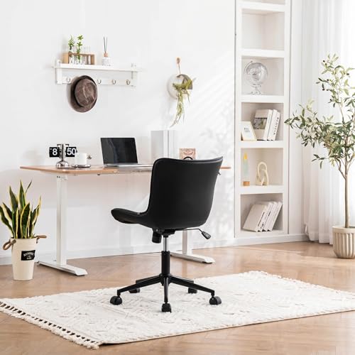 Image of YOUNIKE Office Desk Chair with Wheels Armless Vanity Chair Ergonomic Black | Faux Leather Upholstered with Rocking Back, Swivel Height Adjustable, Modern Small Cute Task Chair For Sewing Drafting