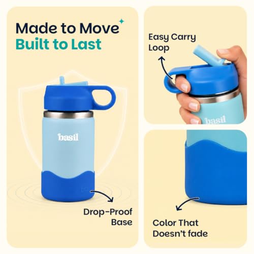 Image of Basil HydraPop Stainless Steel Insulated Kids Water Bottle for School, 380ml Leakproof Bottle with Straw, Double Wall Vacuum Thermosteel Bottle for School, Sports, Travel & Outdoor Use | Glacier