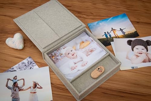 Hochzeit Foto Box mit USB Fach – Erinnerungsbox für Fotos 13x18 cm, Premium Leinen Aufbewahrungsbox, Geschenkbox für Hochzeit, Geburtstag, Familienfeiern & besondere Momente (Grau, 21x21 cm)