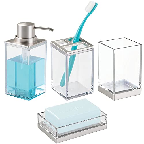 mDesign Plastic Bathroom Vanity Counter Organizers, Dispenser Pump, Toothbrush Stand, Storage Jar, Soap Dish, for Cotton Swabs, Toothpaste, Makeup, Lumiere Collection, Clear/Brushed Chrome