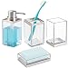 mDesign Bathroom Accessory Set, Soap Dispenser Pump, Soap Dish, Toothbrush Holder Stand, Tumbler Cup - Set of 4, Clear/Brushed Stainless Steel