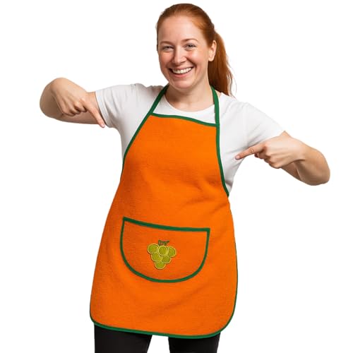 VELLORA Delantal Rizo -Toalla 100% algodón con Bolsillo y Fruta Bordada, ajustable lavable - Delantales de cocina mujer Mandil Apto fregar secar vajillas (1, Naranja)