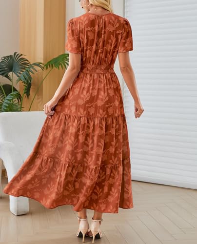 Image of Women's Maxi Dresses Boho Burnout V Neck Short Puff Sleeve Smocked Empire Waist Long Wedding Guest Semi Formal Dress Pockets